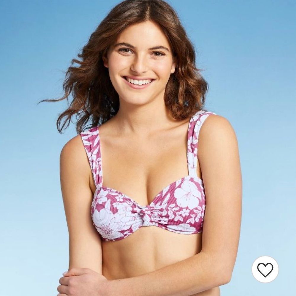 Juniors' New Ribbed Knot-Front Bralette Bikini Top - Berry Pink Floral Print M